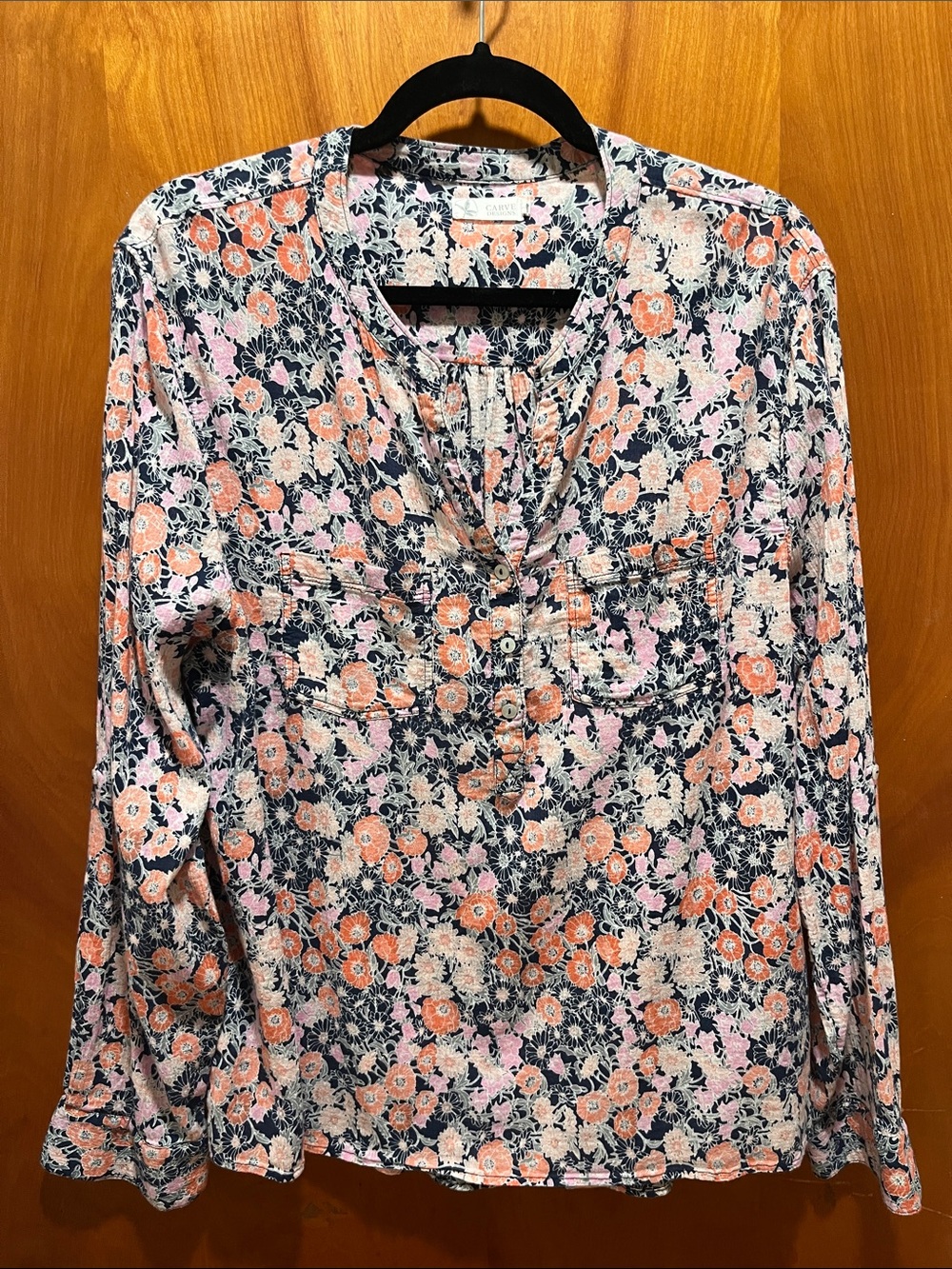 Carve Design Floral Button-Front Long Sleeve Women's Top - Navy Pink and orange